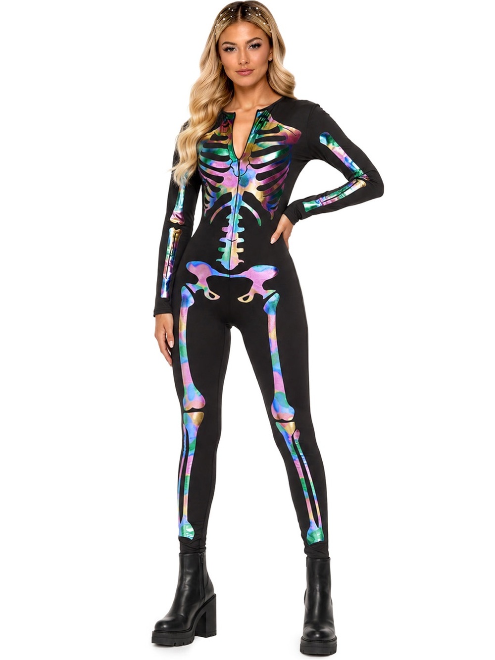 Tipsy Elves Iridescent Skeleton Bodysuit Costume Large Halloween Costume NWT